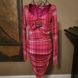 Pink Plaid Long-Sleeve Ruched Dress with Rose Detail